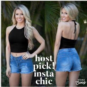 Black Cotton Stretch Crop Halter Top Medium